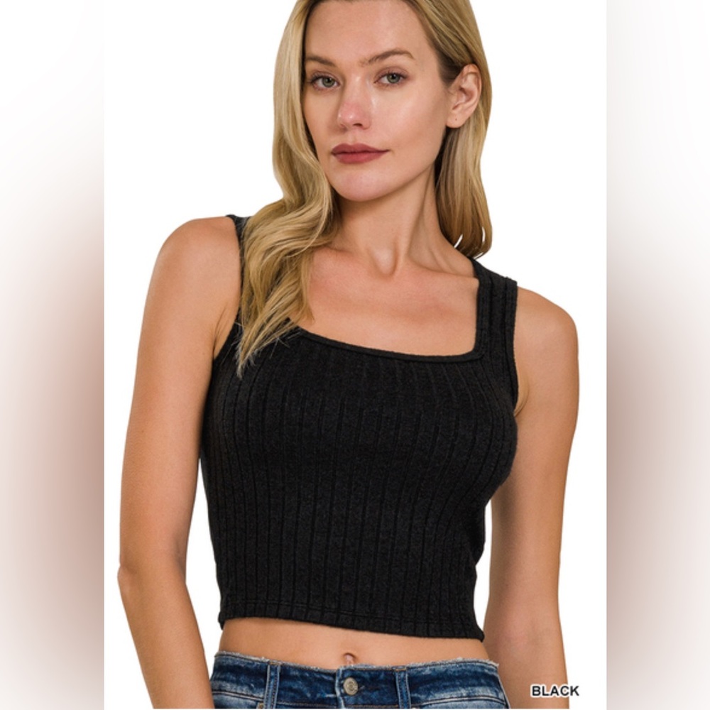 ZENANA RIBBED SQUARE NECK CROPPED SLEEVELESS TOP